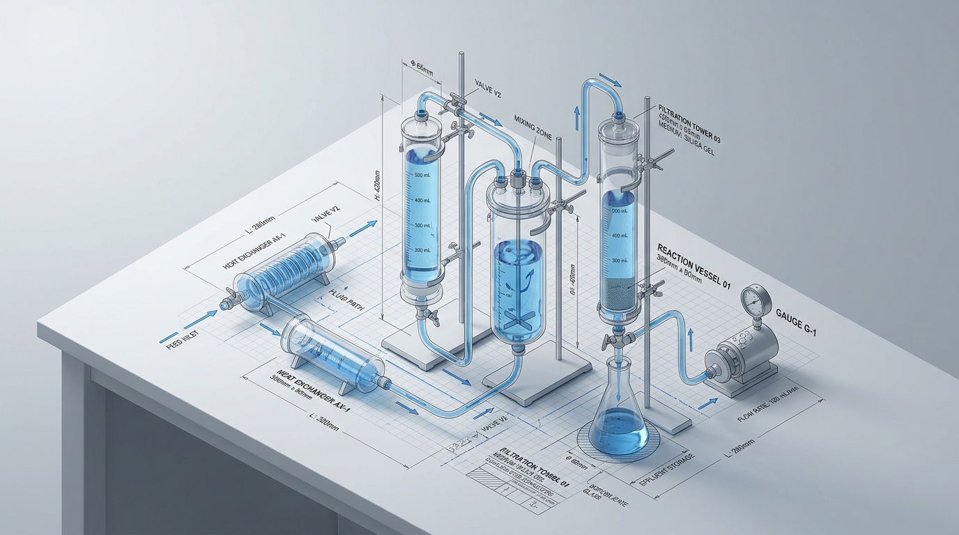 Scientific isometric architecture diagram of fluid dynamics