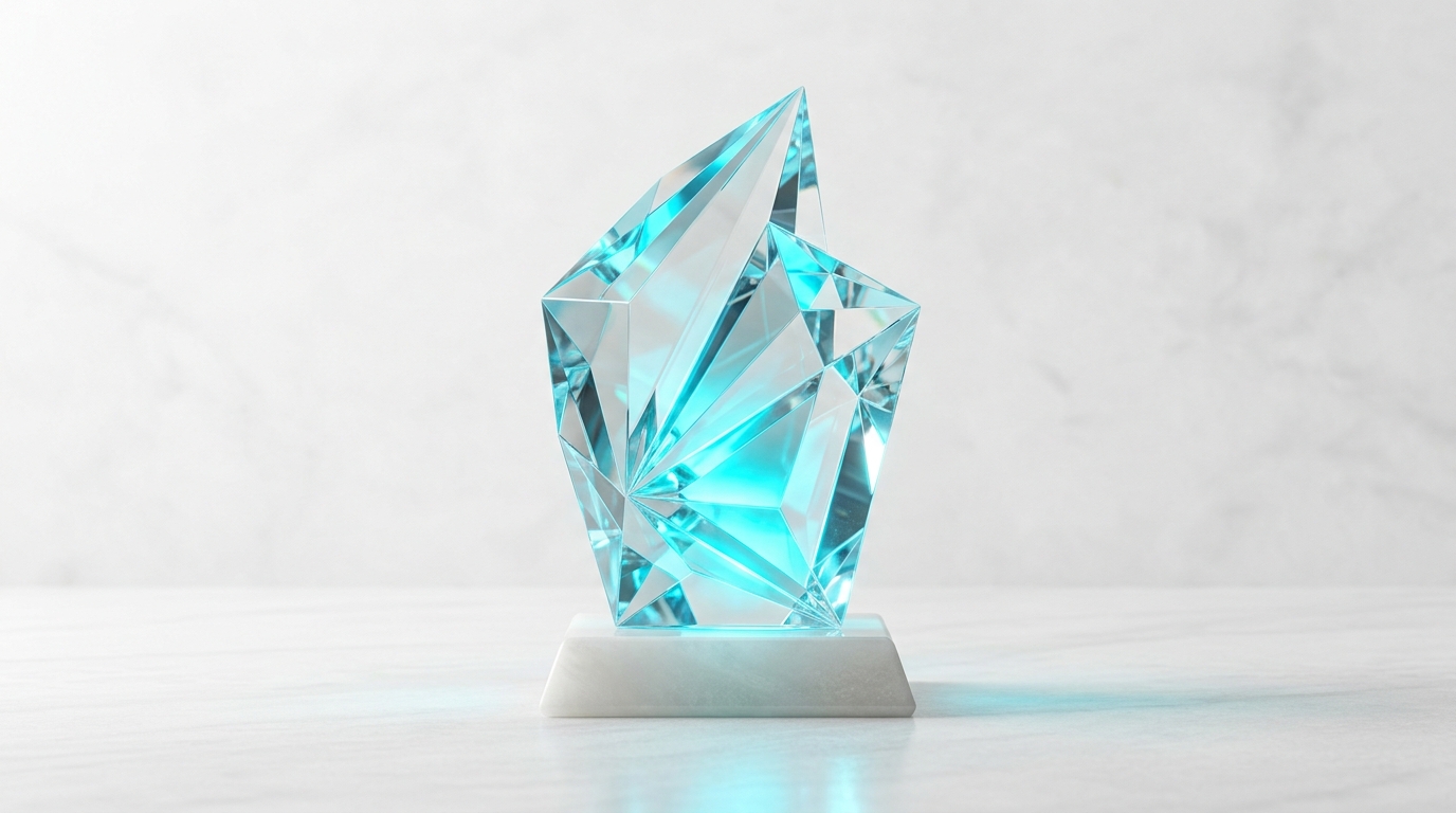 Crystal glass trophy emblem with glowing cyan refraction