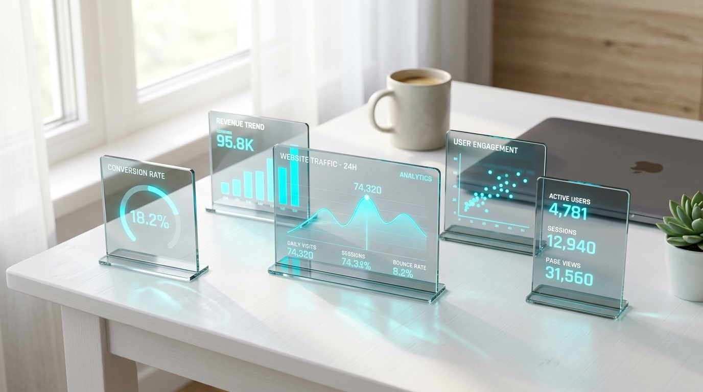 Digital analytics dashboard cards showing holographic telemetry